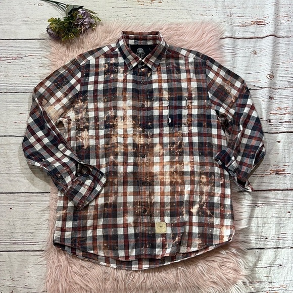 Two Gypsea Souls Tops - Two Gypsea Souls Unisex Upcycleded Bleached Distressed Flannel Button Down